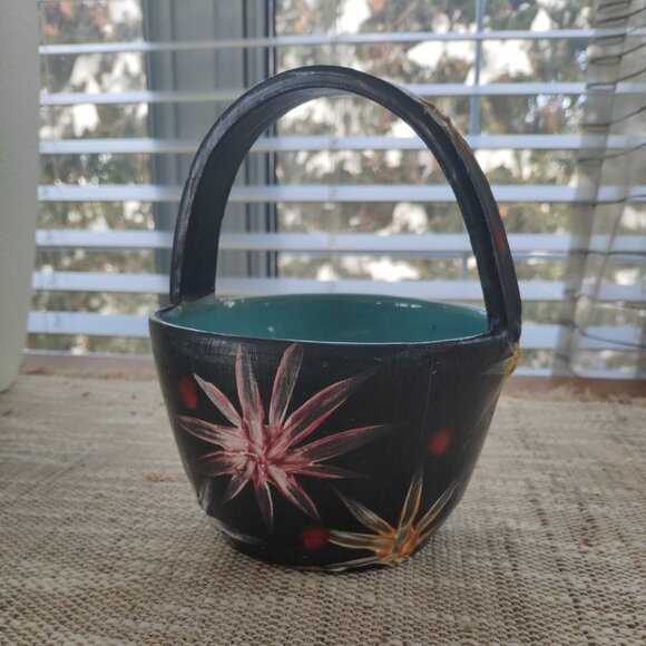 Italian Majolica Starburst Bowl Art Pottery, VTG Ceramic Basket Bowl signed 6" - Picture 10 of 13